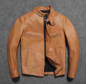 Genuine <b>Leather</b> Eco-friendly Biker <b>Jacket</b> Breathable Slim Fit Color Blocking Stand Collar <b>Men's</b> Casual Front logo <b>Jacket</b> - Product Image 3
