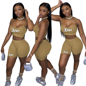 Custom Logo Women Sport Bra Biker <b>Shorts</b> Matching 2 Piece Set Solid Color Breathable Knitted Skinny Activewear Spring Summer - Product Image 3