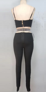 Seksi Siyah Taşlı İki Parçalı, Bel Kesimli Dar Kesim Crop Top ve Pantolon, Kadınlar için Parti Kulübü Gecesi için Göz Alıcı Bandaj Kıyafeti - Product Image 6