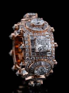 Bague de mariage plaquée or rose avec diamants taille émeraude et pavé - Product Image 4