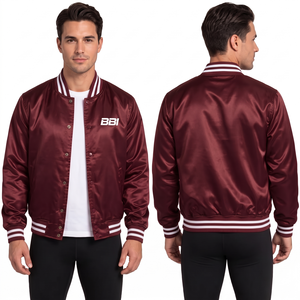 Veste en satin magenta tendance avec finition soyeuse brillante, bordure en tricot côtelé rayé, poches à la taille et fournisseur de vêtements personnalisés en gros - Product Image 4