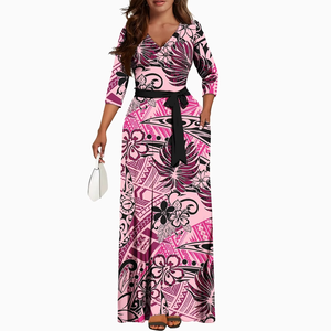 Robes pour femmes de grande taille personnalisées de style samoan Puletasi à col en V, élégantes robes polynésiennes à manches courtes pour femmes - Product Image 5