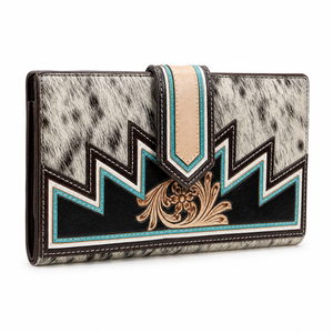Portefeuille à rabat en cuir travaillé à la main avec poils |   Porte-cartes long en cuir de vachette style bohème Western |   Export OEM 2026 pour femmes - Product Image 1