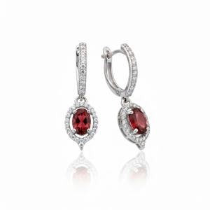 Pendientes de Plata 925 con Granate Ovalado y Halo, de Lujo, con Clip, 6 Gramos, Bañados en Rodio, para Mujer, Regalo para Fiesta de Compromiso o Boda - Product Image 2