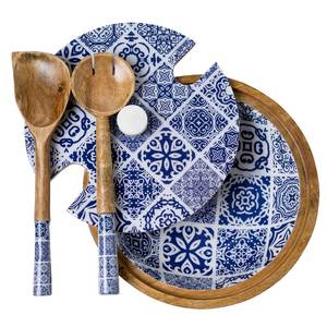 Ensemble de saladiers décoratifs en bois de manguier faits à la main avec des accessoires et un couvercle assortis - Carreaux bleus marocains 4 - Product Image 1