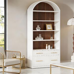 Elegante Estantería con Diseño Arqueado y Vitrina, Amplio Espacio de Almacenamiento con Cajones para Archivos y Estantes de Exhibición - Product Image 3