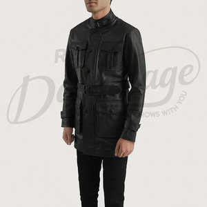 เสื้อแจ็คเก็ตหนังแท้สีดำสำหรับผู้ชาย ทรงสลิมฟิต มีกระเป๋าหลายช่อง สไตล์ซาฟารี พร้อมเข็มขัด คอตั้ง เสื้อคลุมอเนกประสงค์ - Product Image 5