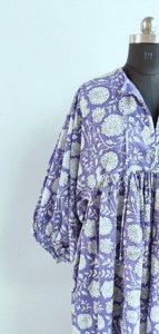 Bohemian Purple <b>White</b> Floral Block Print Cotton Midi Dress With Puff Sleeve Loose Fit Tie Neck Summer Dress For Women - Product Image 2