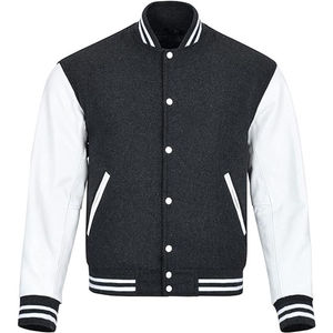 Classic Unisex Geometric Patchwork Hooded Letterman Varsity Jacket Canvas Rib Knit Cuffs Contrast Sleeves Front Soft Lining - Product Image 1