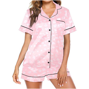 Conjunto de pijama de manga corta con estampado de cactus rosa para mujer, con cuello vuelto y cierre de botones, ropa de dormir de verano - Product Image 3