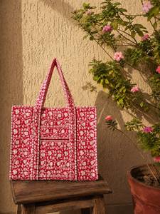 <b>Large</b> Boho Quilted Cotton Shoulder <b>Tote</b> <b>Bag</b> Zipper Closure Chained Detail <b>for</b> Women Washable Floral Print <b>for</b> <b>Travel</b> Shopping - Product Image 2