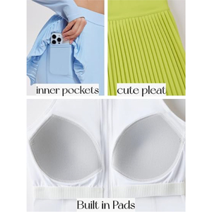 Ensemble de vêtements de sport pour femmes personnalisé, col halter, fermeture éclair, jupe plissée courte de tennis, respirant, spandex/nylon, athlétique, pour la salle de sport et l'entraînement - Product Image 5
