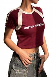 ONETEN APPAREL Camiseta Corta para Mujer, Color Granate y Blanco, Manga Raglán, Cuello Redondo, Manga Corta, Jersey de Algodón, Informal - Product Image 3