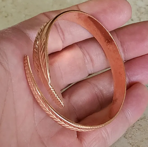 Pure Copper Feather Arrow Wrap <b>Bangle</b> Bracelet <b>Engraved</b> Leaf Chevron Quill Motif Solid Copper Adjustable Spiral Wrap Wristband - Product Image 1