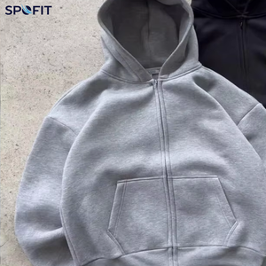ชุดเซ็ตสตรีทแวร์สปอร์ตแวร์สีพื้นแบบยูนิเซ็กซ์ เสื้อฮู้ดซิปและกางเกงเอวยางยืด ผ้าฝ้าย 100% รับสกรีนโลโก้ - Product Image 2