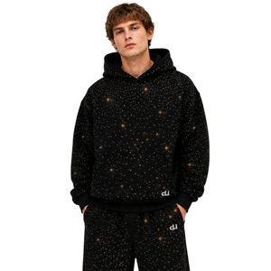 Conjuntos de Sudadera con Capucha Oversize Negra Personalizada con Pedrería Brillante y Pantalones Anchos de Felpa de Algodón Pesado Estilo Y2K Bling Fashion - Product Image 2