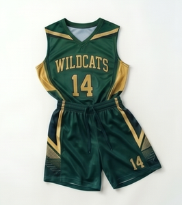 Conjunto de camiseta de baloncesto Wildcats para hombre, verde y dorado, sublimado, cuello en V, sin mangas, absorbe la humedad, ajuste atlético, pantalones cortos con cordón - Product Image 1