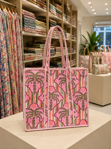Pink Printed <b>Canvas</b> <b>Tote</b> Bag Bohemian Style Summer Shopping Bag with Palm Tree Pattern and Striped Design - Product Image 5