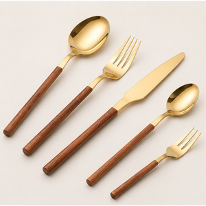 Ensemble de couverts de luxe en acier inoxydable doré avec manches en bois, finition polie miroir, pour hôtels, restaurants et fournitures de réceptions - Product Image 1