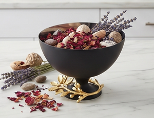 Premium <b>Black</b> Metal Bowl with Gold Leaf Design <b>Polished</b> Finish Glam Style Handmade For Serving And Display - Product Image 3