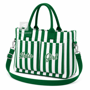 Custom Iota Phi Lambda Sorority Tote bag green and White Embroidered Logo Striped Daily Use Large Capacity <b>Canvas</b> Tote bag - Product Image 1