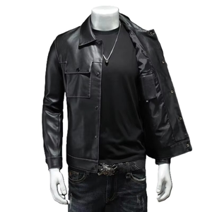 Mens Slim Fit Contrast Stitch Leather Trucker <b>Jacket</b> Black PU <b>Biker</b> <b>Jacket</b> White Stitch Streetwear Moto Coat - Product Image 2