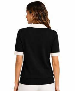 Camiseta de Punto de Algodón 100% Transpirable para Mujer, Manga Corta, Cuello en Contraste, Cuello en V, Dobladillo Acanalado, Informal, para Oficina, Verano, OEM Personalizado - Product Image 3