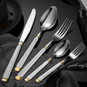 Ensemble de couverts en acier inoxydable avec manche géométrique, cuillère, fourchette, couteau, argenterie, vaisselle de table, ustensiles de cuisine - Product Image 3