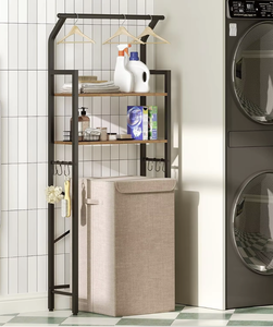 Modern Industrial Wood Metal Three-Layer Bathroom Storage <b>Rack</b> with Hanging Rod 6 Hooks Foldable Waterproof Space Saving <b>Shelf</b> - Product Image 1