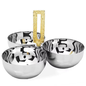 New Arrival Hammered Stainless Steel Three-Bowl Serving Dish with Gold Accent <b>Handle</b> Decorative Snack Bowl - Product Image 1
