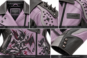 Chaqueta de cuero morada para mujer, estilo punk con tachuelas, abrigo de motociclista, ropa exterior gótica estampada, fabricante personalizado OEM ODM - Product Image 6