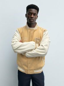 <b>Men's</b> Varsity <b>Jacket</b>, <b>Letter</b> Embroidery, PU Leather Sleeves, Quilted Lining, Striped Trim - Product Image 4