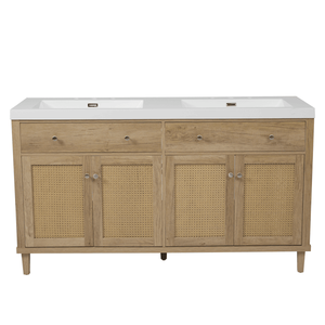 Mobile bagno da 60 pollici con doppio lavabo SMC, unità a pavimento impermeabile con 2 vassoi ribaltabili, 4 cassetti a ribalta e spazio contenitivo morbido. - Product Image 1