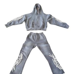 Conjunto Deportivo Personalizado de Moda para Hombre, Sudadera con Capucha y Pantalones Deportivos con Cremallera, Bordado Desgastado, Lavado Ácido, OEM, Felpa Francesa - Product Image 1