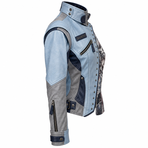 Chaqueta de cuero azul claro para mujer, estilo gótico, con estampado de enfermera, con tachuelas, cremallera asimétrica, cuello alto, oferta de fabricante a medida - Product Image 3