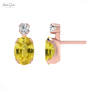 Nuevos Aretes de Zafiro Amarillo de 7x5mm con Engaste de Puntas y Diamantes en Oro Fino de 14k, Productos al por Mayor en Lotes - Product Image 1
