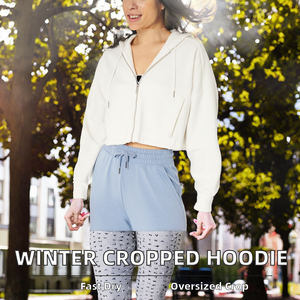 Women's <b>White</b> Cropped Hooded Zip-Up Sweatshirt <b>Long</b> <b>Sleeve</b> Solid Color Knitted Casual Winter 100% Cotton Eco-Friendly Outfit - Product Image 5