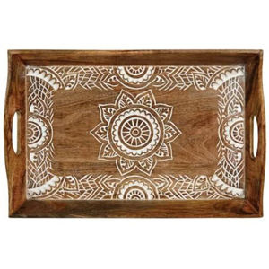 Bandeja ovalada de madera estilo marroquí con asas de metal con acabado antiguo, bandeja decorativa de madera hecha a mano para decoración del hogar y la cocina. - Product Image 5