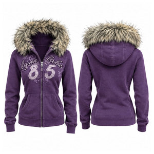 Women's Purple Fleece Hooded Zip-Up Sweatshirt With <b>Fur</b> <b>Trim</b> And Embroidered Logo Front Design Winter Casual Wear - Product Image 1