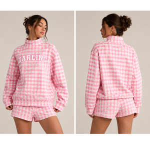 Darling Pink Checkered Turtleneck Sweatshirt Women's Casual Full Sleeve Knitted Plaid <b>Top</b> With Letter Print Front <b>Mock</b> <b>Neck</b> - Product Image 3