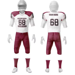 Ensemble d'uniformes de football américain personnalisés, blanc et bordeaux, maillot sublimé à manches courtes, col en V, évacuation de l'humidité, pour hommes adultes, toutes saisons - Product Image 4