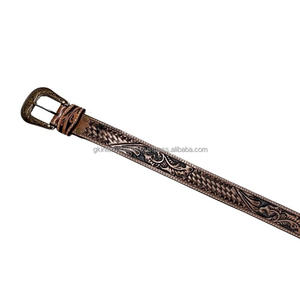 Western Embossed Floral Punk Style Genuine Leather hand tooling <b>Belt</b> with <b>Cowboy</b> engraved brass buckle tooled leather <b>belt</b> - Product Image 3