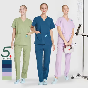 Ensemble d'uniformes médicaux unisexes à col en V avec pantalon droit et haut en tissu tricoté écologique - Product Image 1