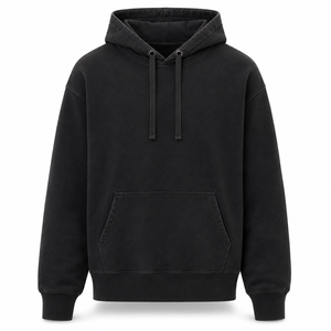 Sudadera con capucha para hombre, negra lavada, de peso pesado, corte regular, cuello alto, hombros caídos, forro polar de poliéster/algodón, con bolsillo, al por mayor - Product Image 1