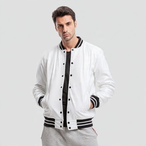 <b>Men's</b> <b>White</b> PU Windproof Varsity <b>Jacket</b> Regular Fit Stand Collar Single Button Closure Front Logo Autumn Casual Wear - Product Image 1
