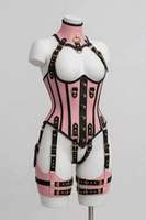 Set Korset Kulit Harness Lingerie Seksi Kostum Gaya Bondage Pakaian Fetish Bodysuit Combo