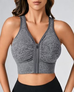 Soutien-gorge de sport fonctionnel pour femme, dos nageur, maintien moyen, extensible à l'avant, côtelé, col en V, anti-humidité - Product Image 1
