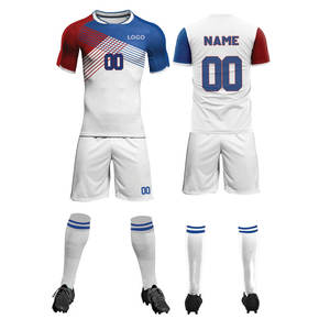 Ensemble de maillots de football personnalisés par sublimation, uniforme de football à séchage rapide, ensemble complet, OEM ODM, kit d'équipe bicolore rouge et bleu, MOQ 20 pièces - Product Image 1