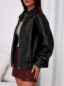 Blouson bomber en cuir PU noir pour femme, manches longues, fermeture éclair, col rabattu, longueur courte, style automne - Product Image 6