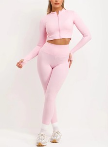 Women's Solid Pink 3-Piece Zip-Up Sports Jacket Bralette Seamless <b>Leggings</b> Set Four-Way Stretch Breathable Fabric for Workout - Product Image 5